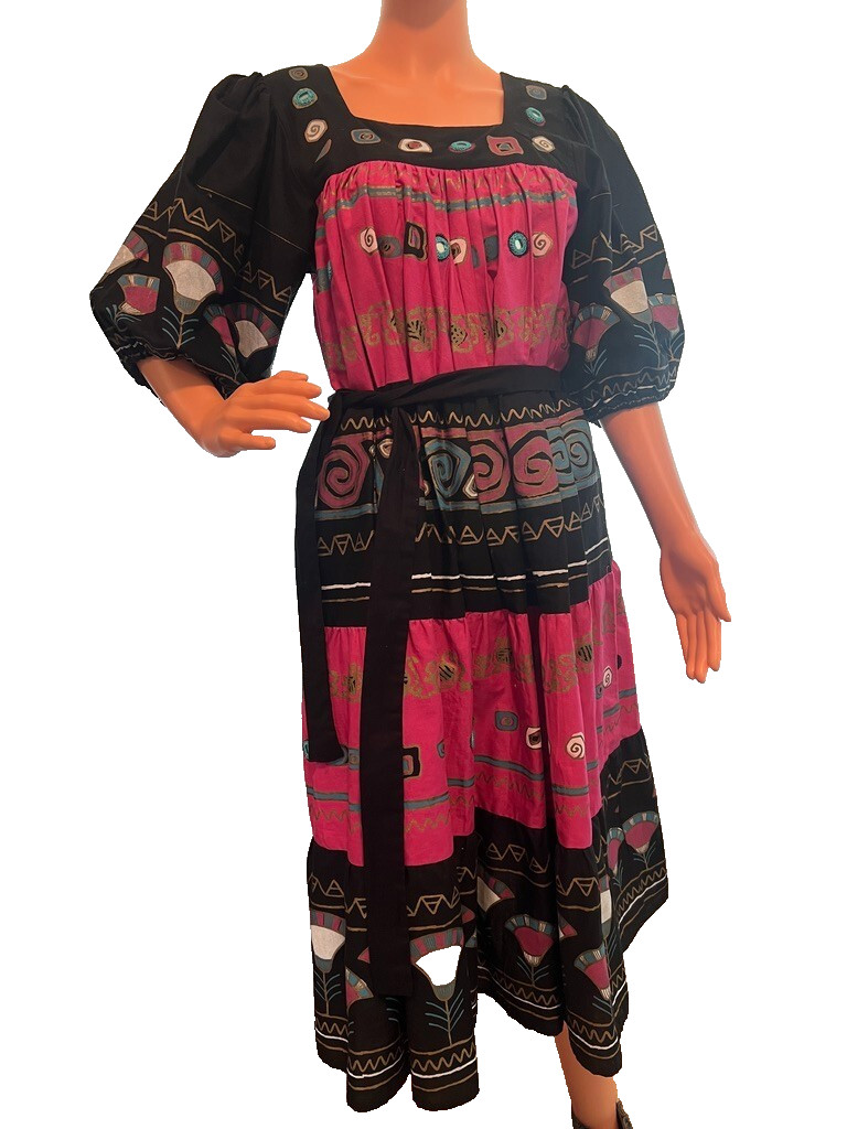 Vintage Ramona Rull HandPainted Cotton Dress Pink Black Folk Art Geometric Print