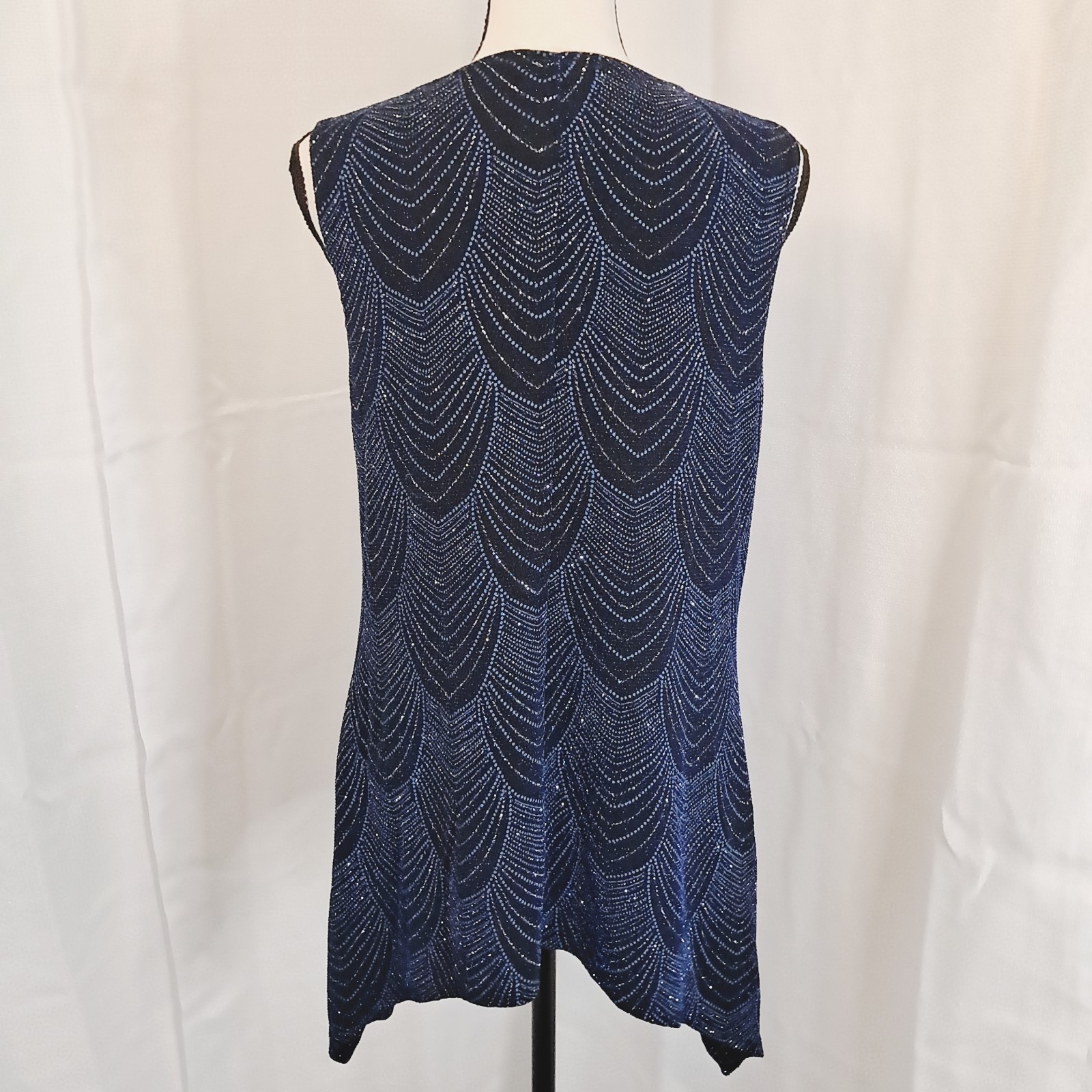Vtg 90s Onyx Nite Navy Silver Glitter Texture Asymmetrical Hem Party Blouse Sz M