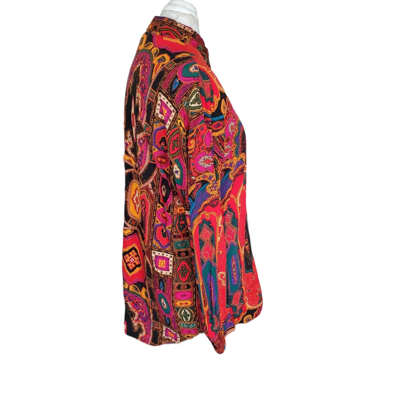 Vtg 80s 90s Colorful Abstract Paisley Blouse M/L Rayon Boho Button Up Red