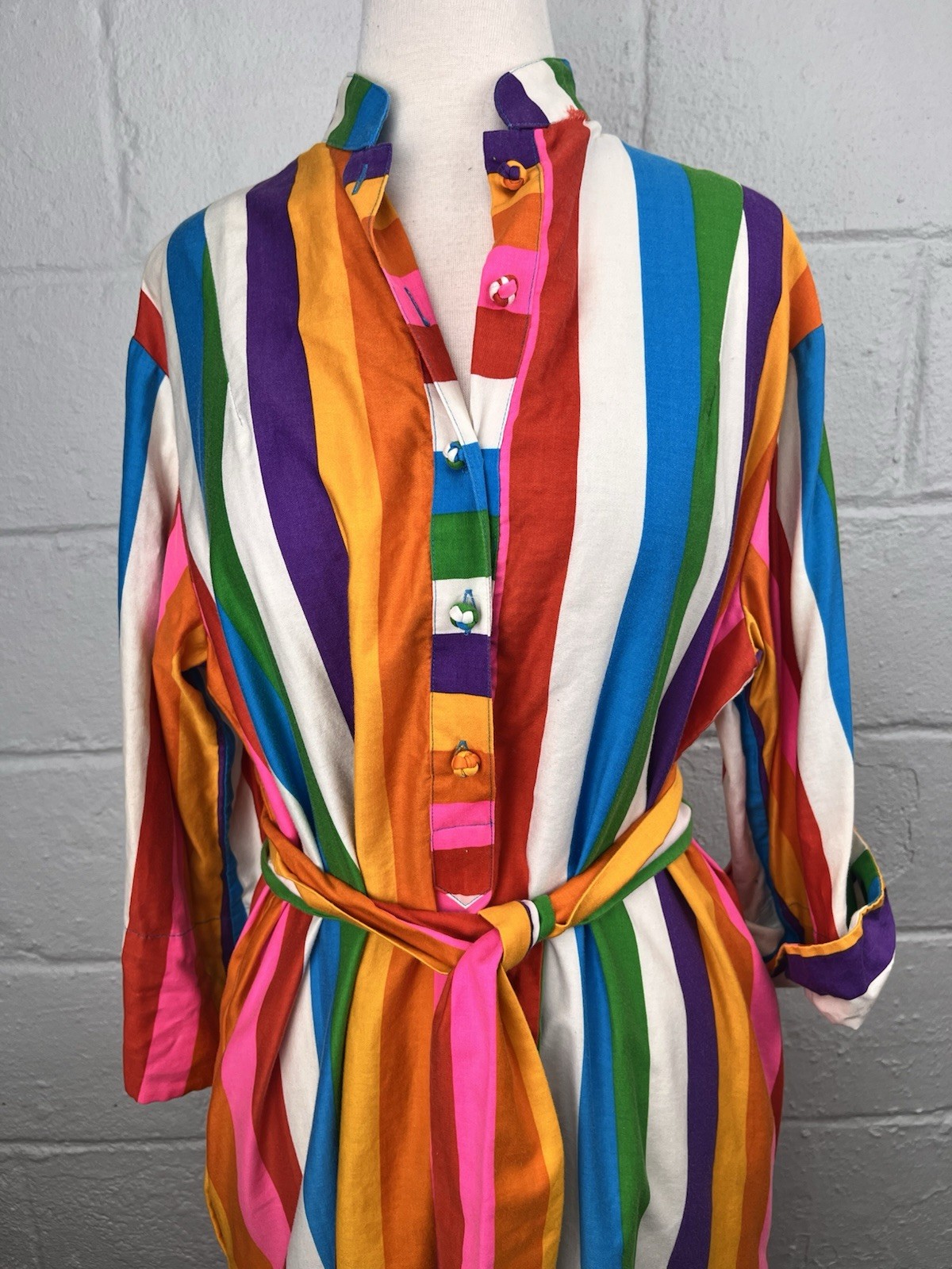 Catherine Ogust Penthouse Gallery 70s Rainbow Cotton Shirt Dress Large Kaftan