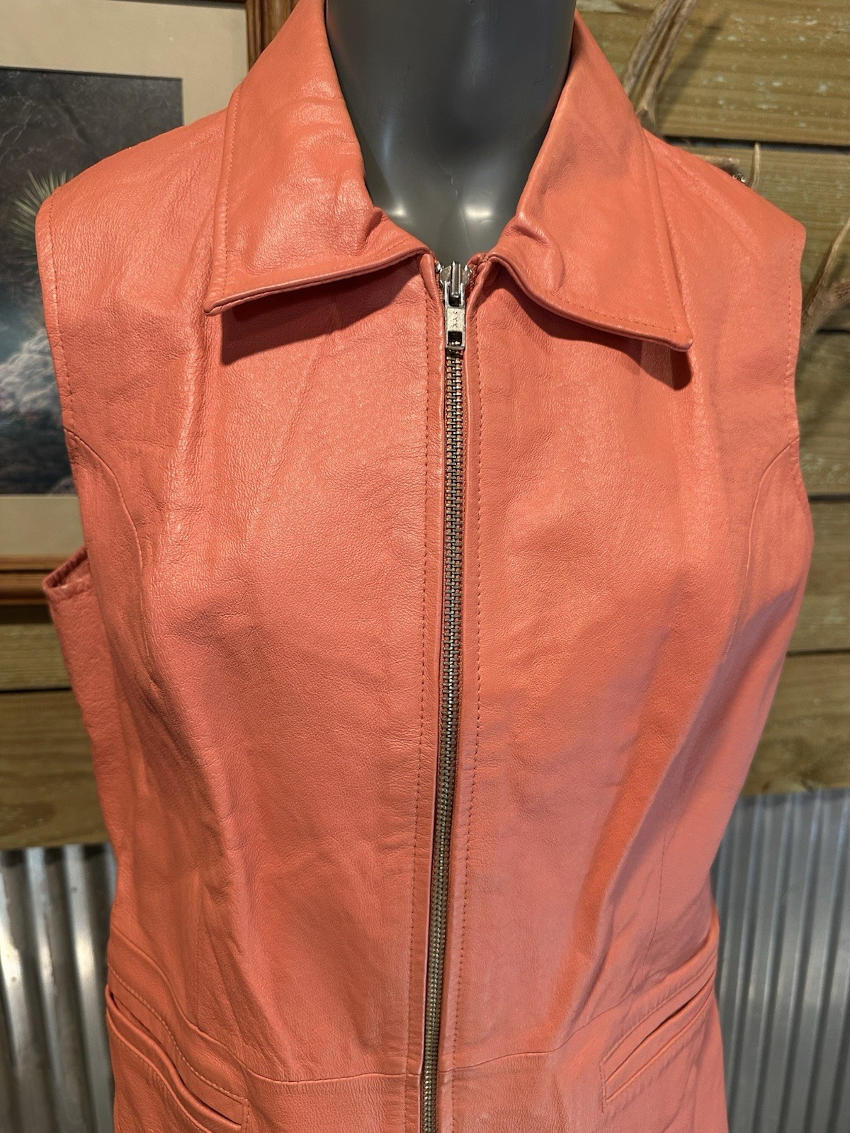 Metro Style Salmon Vintage 90s Collared Sleeveless Leather Vest Size 12 [39]