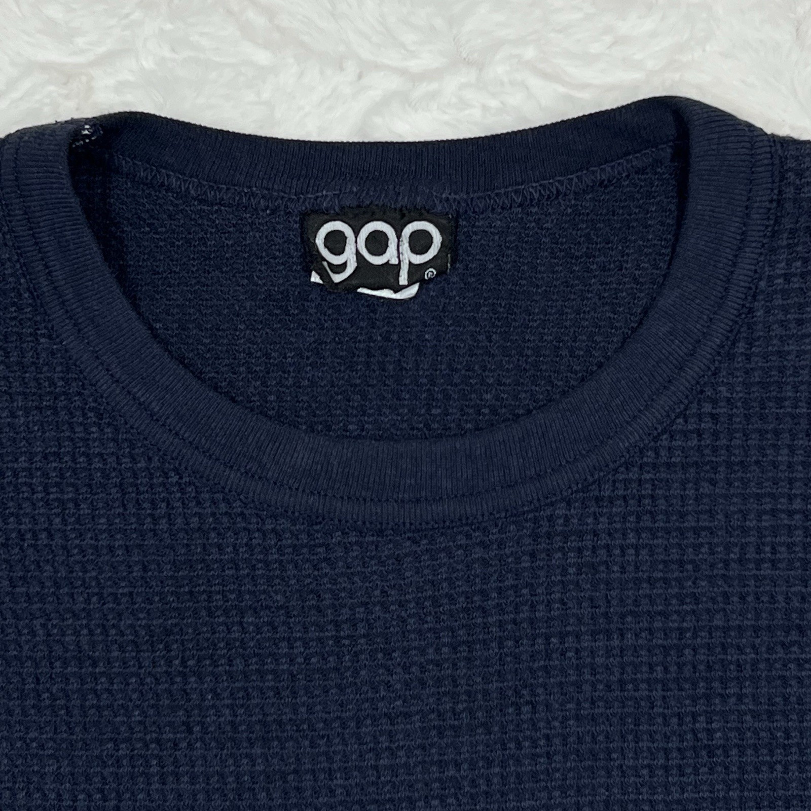 Vintage 70s 80s Gap Waffle Knit Thermal Long Sleeve Shirt L Navy Blue USA Made