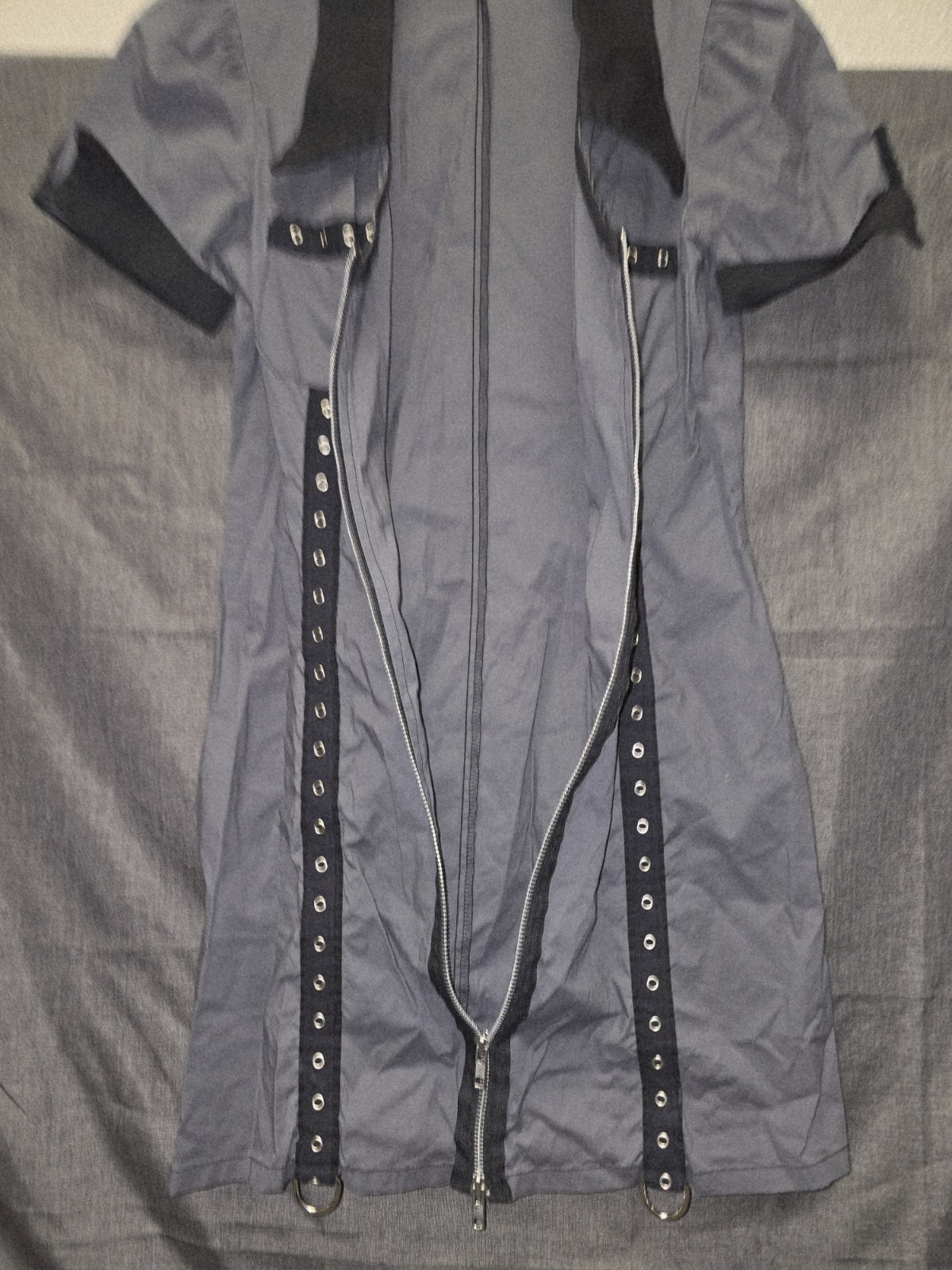 Vintage Lip Service Mini Dress Gray With Black Pink Bondage Size Large Front Zip