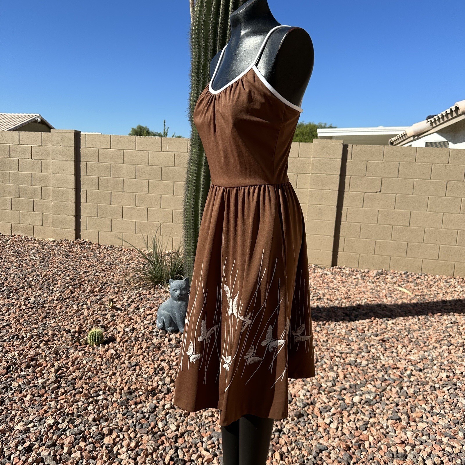 Vintage 70s Alfred Shaheen Brown Pleated Butterfly Dress Bolero Set Fits Sz 8