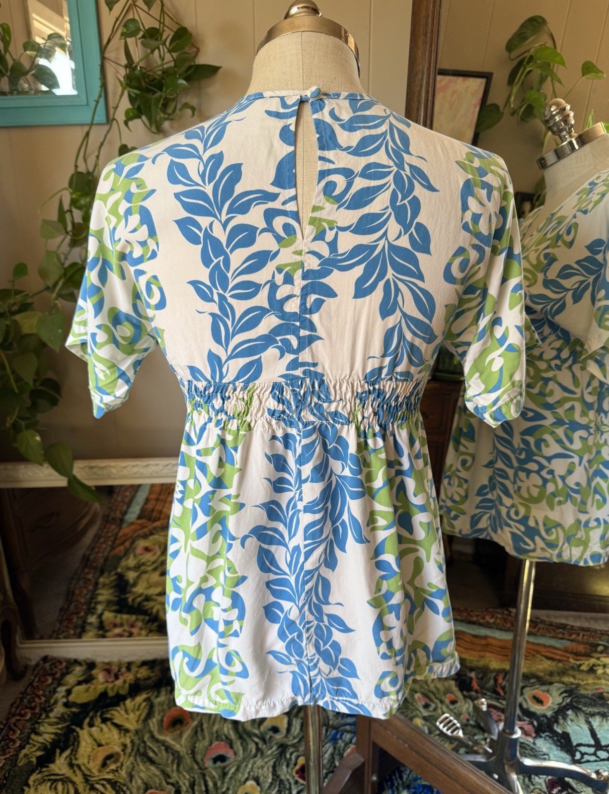 Strawberry Guava RJC Hawaii Vintage Smocked Empire Waist Blue & Green Tunic, XS