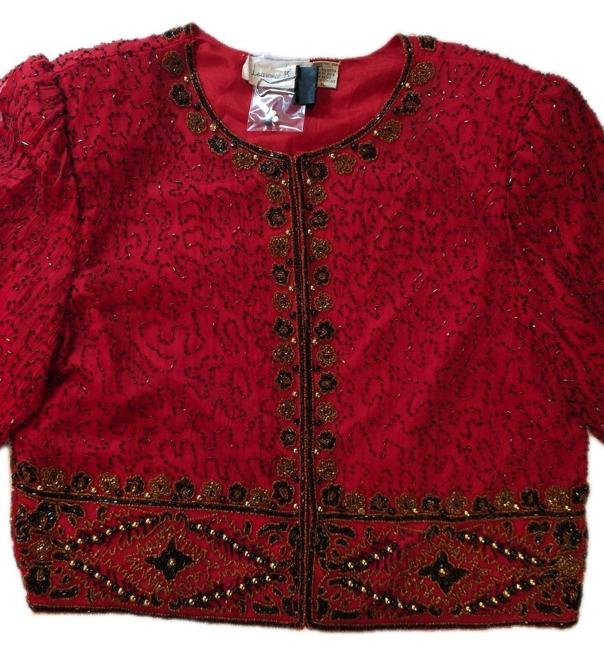 Vintage Red Beaded Black & Gold 100% Silk Jacket – Size XL