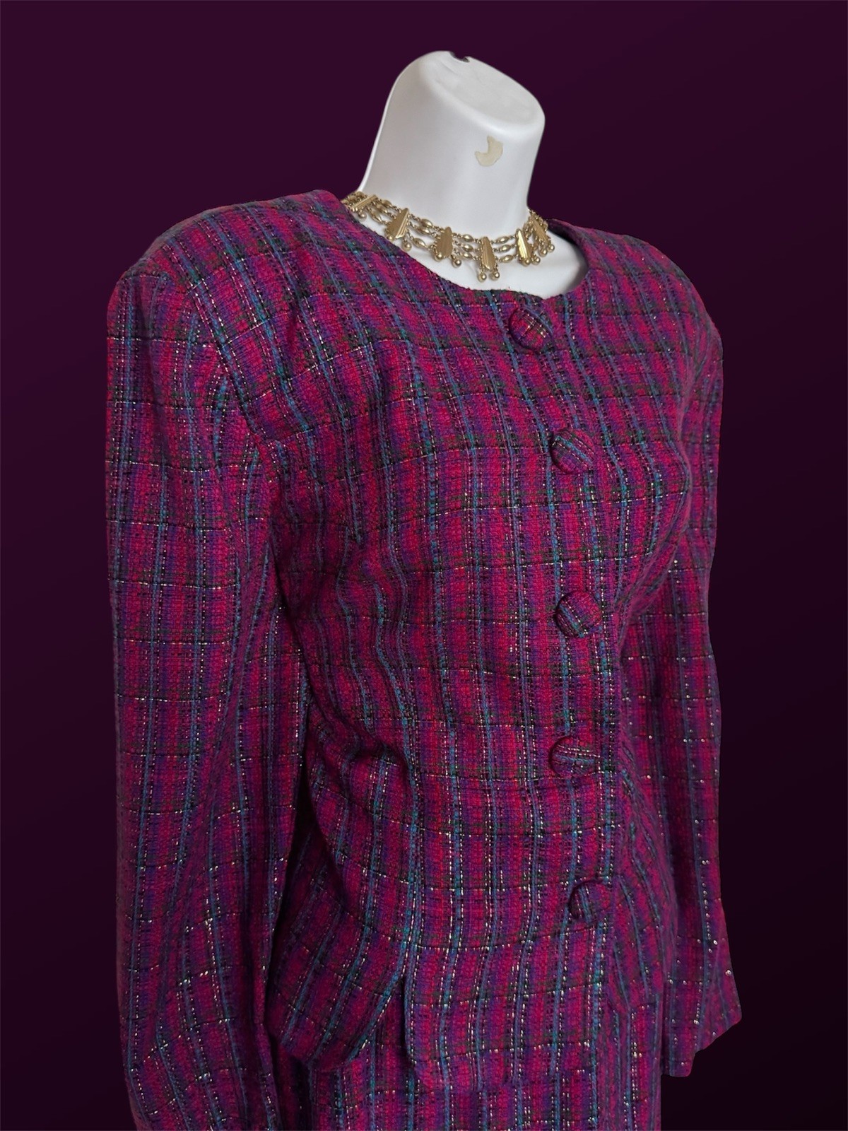 Vintage 80’s Leslie Fay 2-Piece Skirt Suit Set Plaid, Pink Multicolor (Size 12)