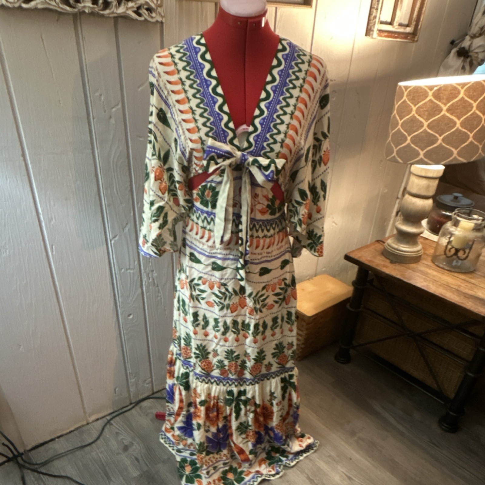 FARM Rio for Anthropologie Maxi Dress XS Bohemian Floral Tie Front Cream Orange