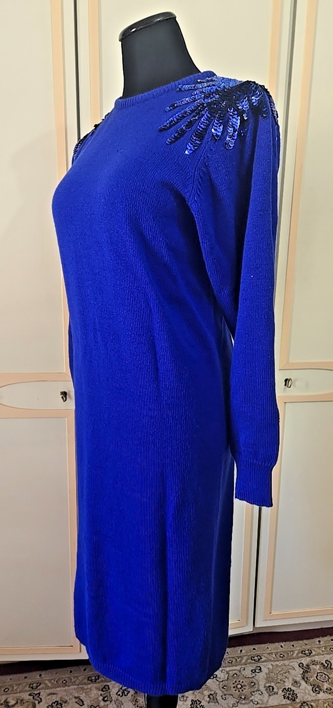 Vintage 80s Blue Sweater Dress by Plain Jane~ Knee-Length, Sequin Details, M