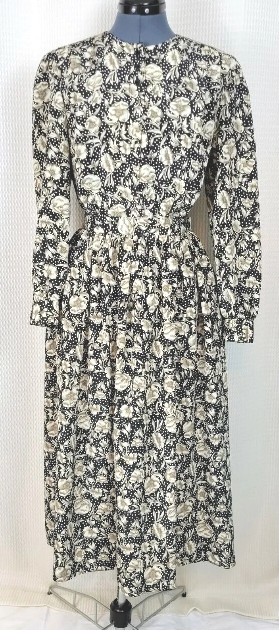 Vtg Personal Blouse & Skirt Set in Black w Tan & White Florals & Polka Dots Sz 8