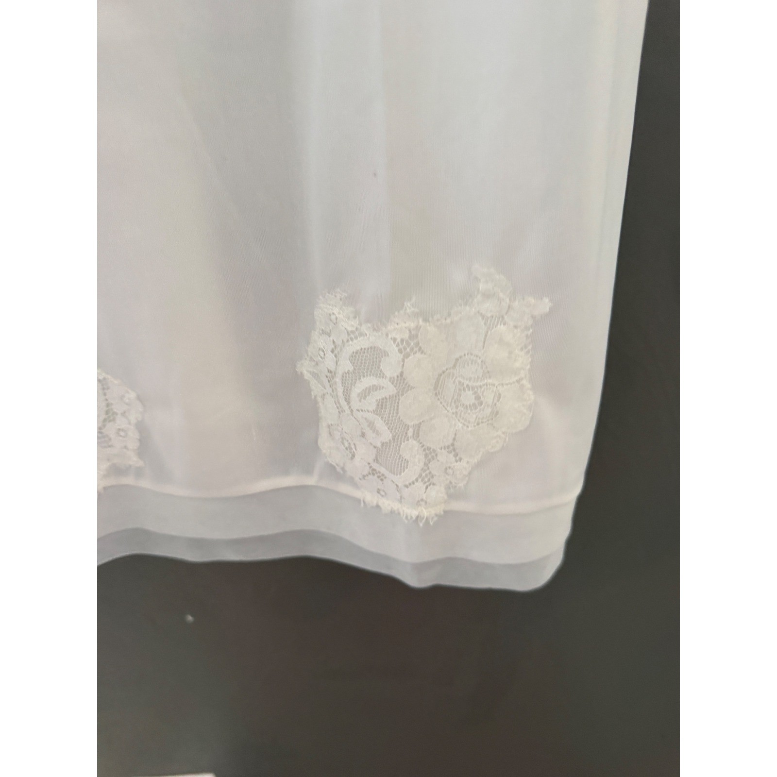 Vintage White Lace Trim Full Slip Dress Coquette Sheer Mesh V-Neck