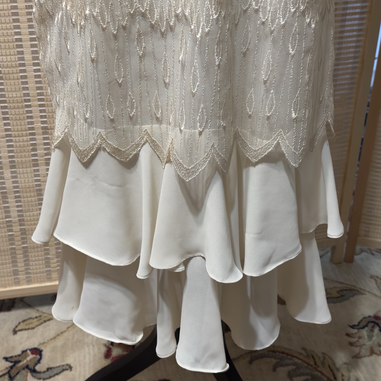 Vtg 70s 80s Sz S Gina Bacconi? Cream Lace Gatsby Wedding Party Art Deco Dress