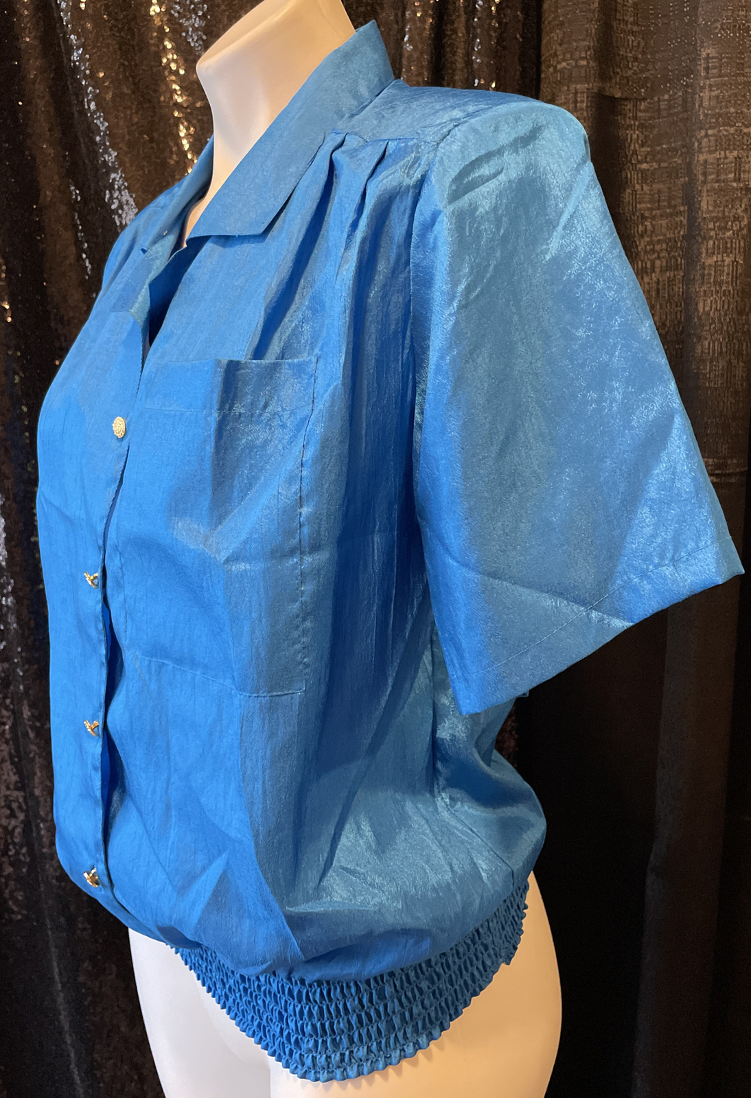 Impressions Of California Women’s Blue Silky Satin Parachute Blouse Vintage