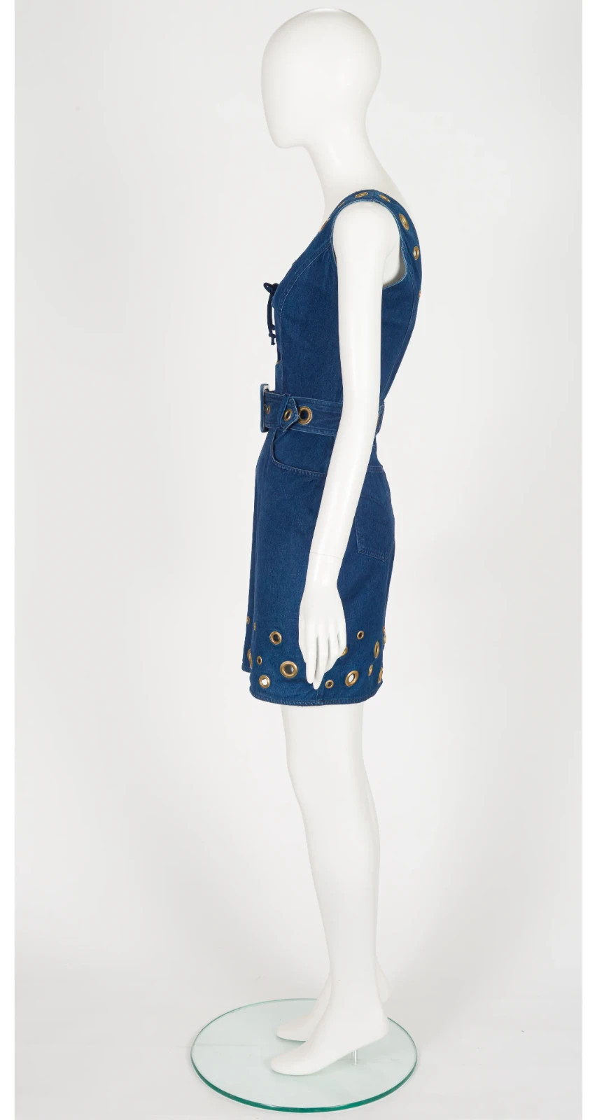 Moschino 1990s Blue Denim Grommet Lace-Up Vintage Sleeveless Dress