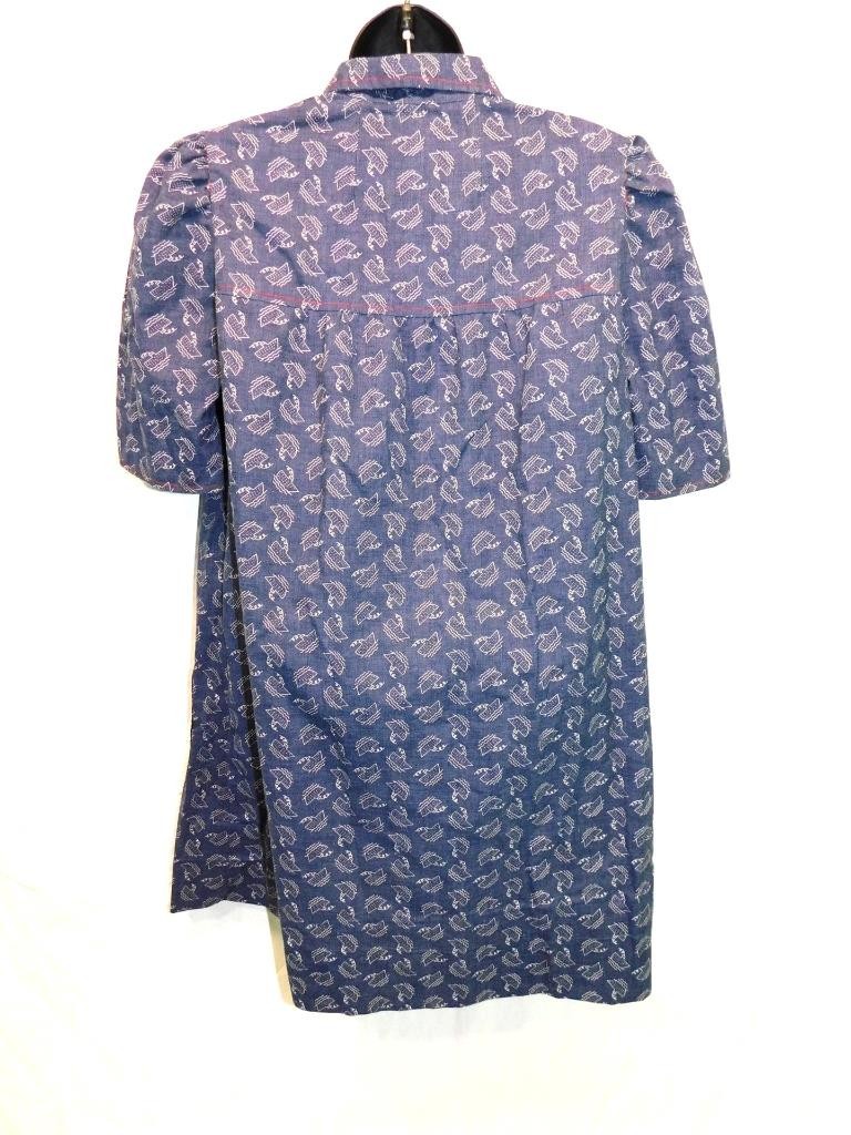 Vintage 70s XL Blue White Boat Print Tunic A Line Mini Shirt Dress Short Sleeve