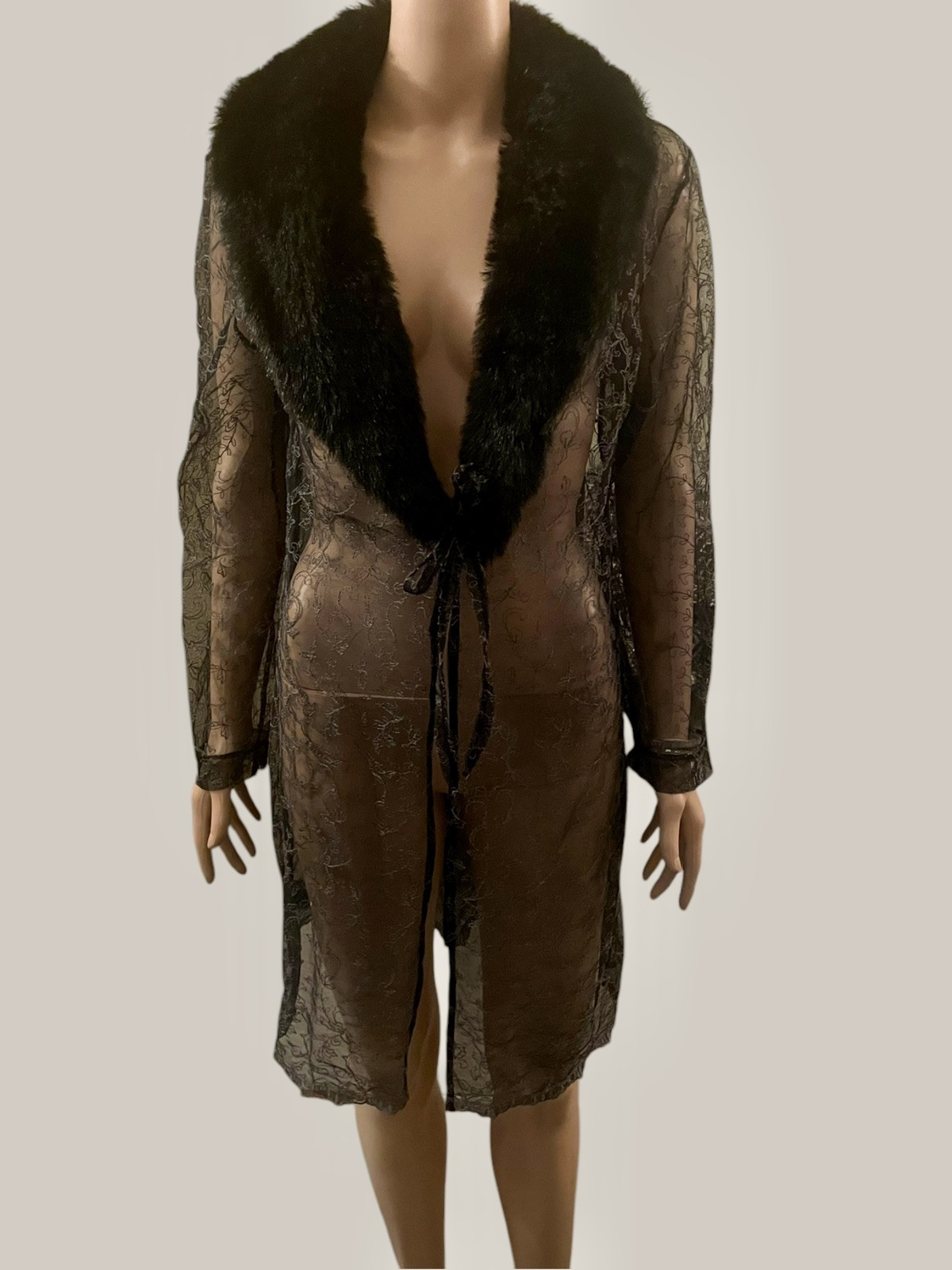 Vintage Black Lace Coat Duster Sheer Embroidery Faux Fur Bianca Censori Goth M