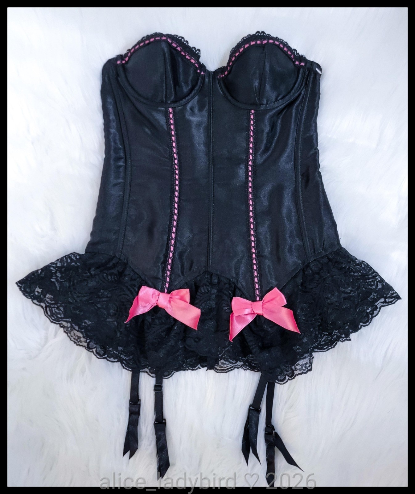 SHINY Vintage SATIN Bra BUSTIER Top Pink Bows Garter Belt Corset LACE xs/s 32-34