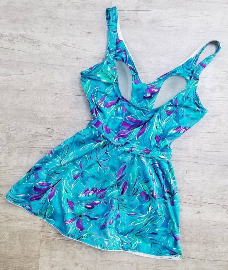 New w/o Tags Maxine of Hollywood Blue Purple Floral Swim Dress One Piece – M/L