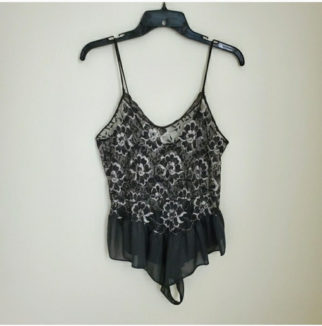 Vintage Black & Silver Floral Lace Bodysuit Playsuit