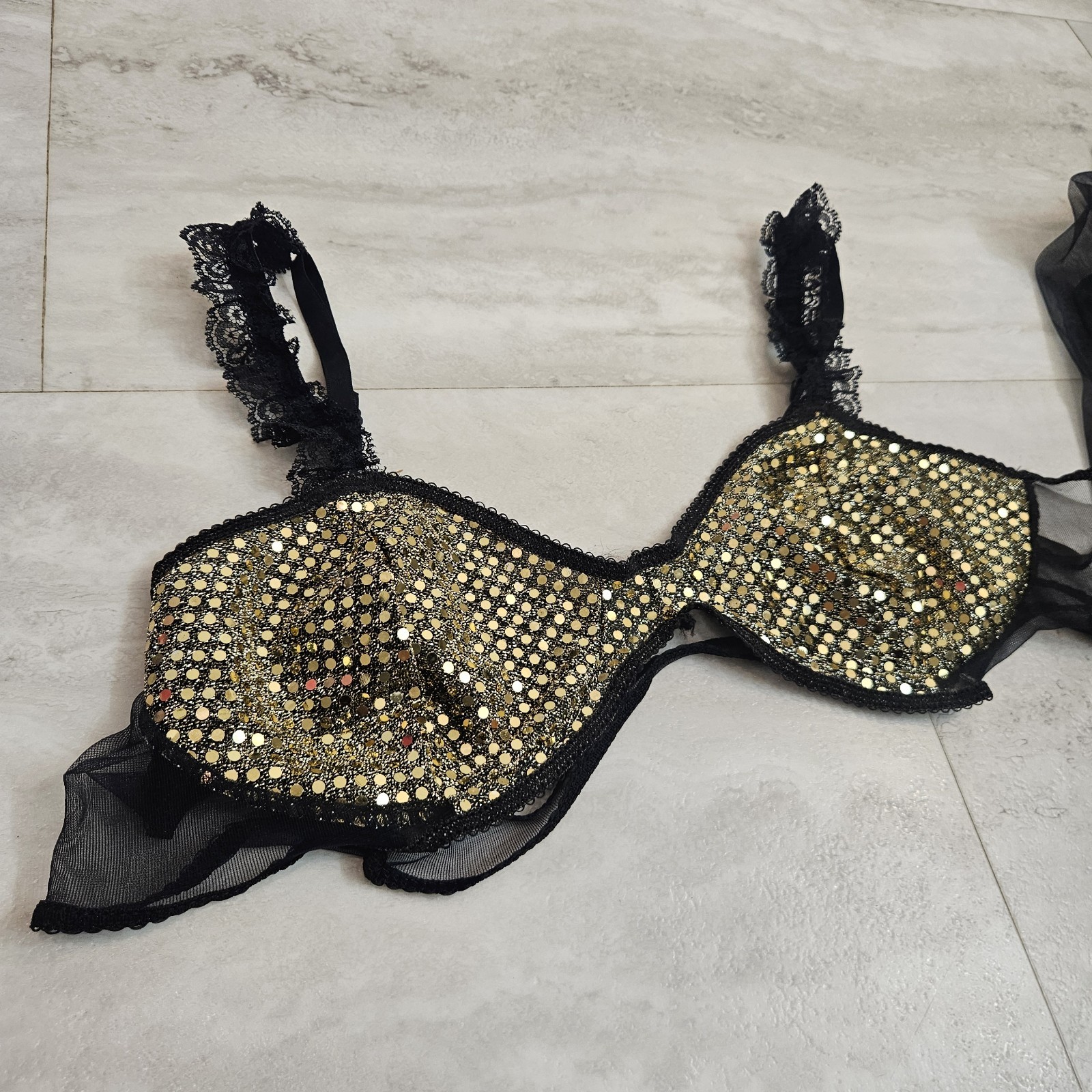 VTG Frederick’s of Hollywood Sheer Mesh Harem Pants Bra Set Sequin Black L USA