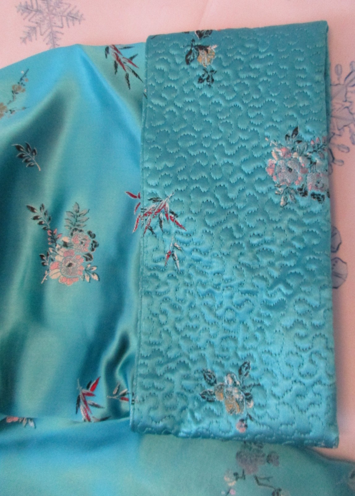 Vintage Turquoise Satin Brocade Asian Floral Robe – Size 42 – 1940s/60’s