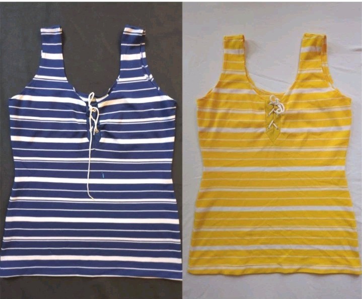 TWO Vintage 70s Stretchy Tie Lace Up Neck Striped Tank Mini Dresses AS IS
