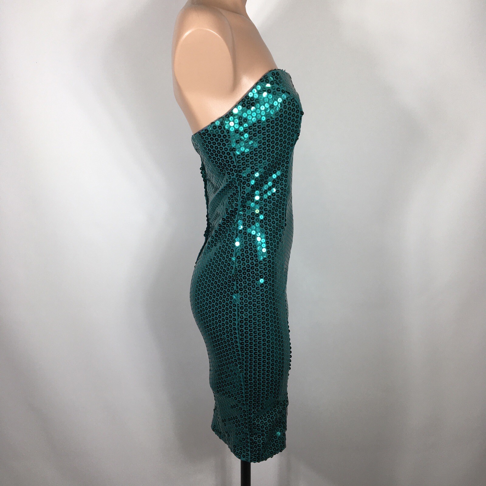 VTG 80s 90s Party Prom LA Glo MINI Sequin Wiggle Slip Bodycon TEAL Dress 3/4