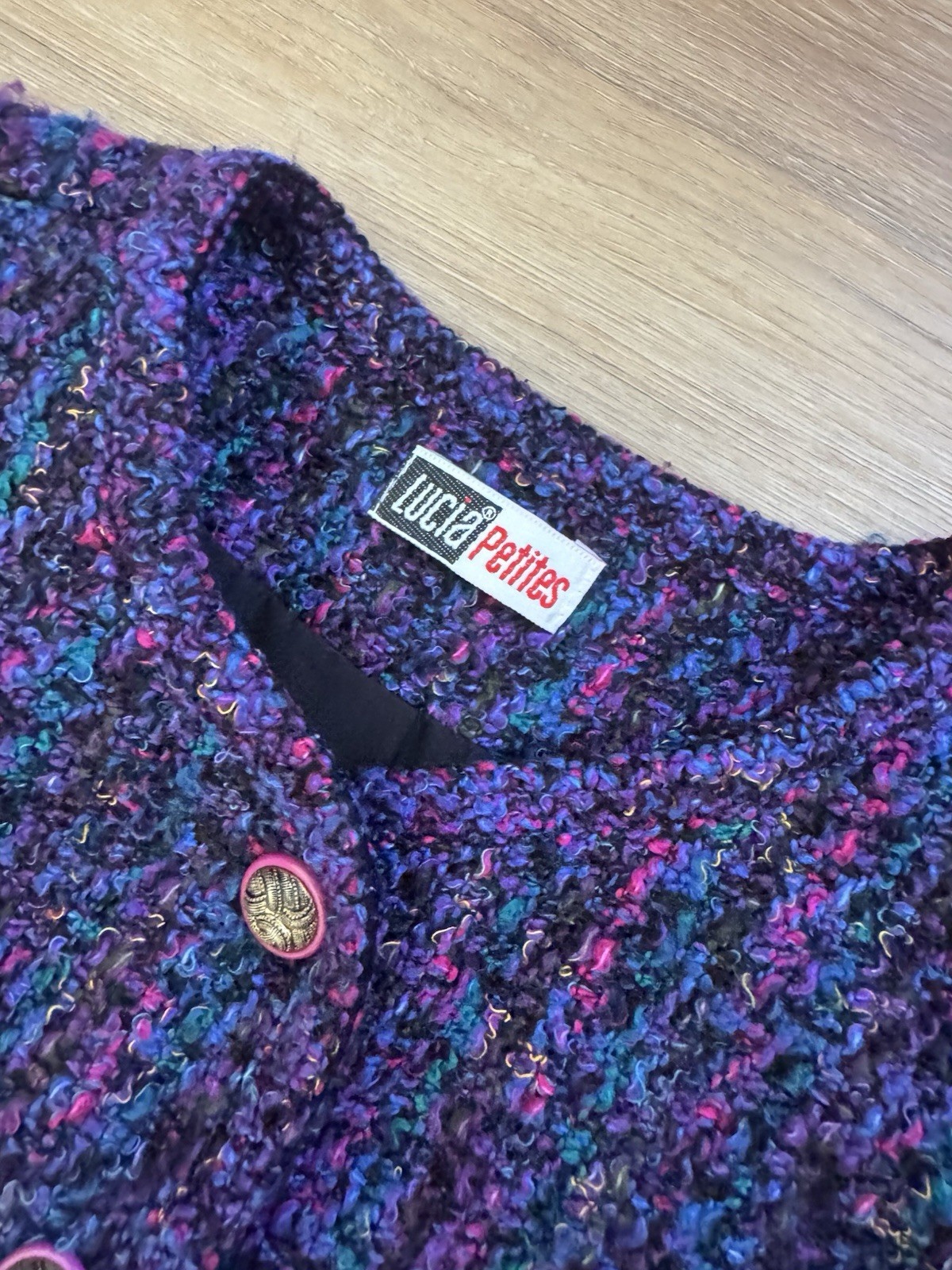 Vintage 80s Lucia Petites Purple Tweed Cropped Blazer Large Multicolored Bouclé