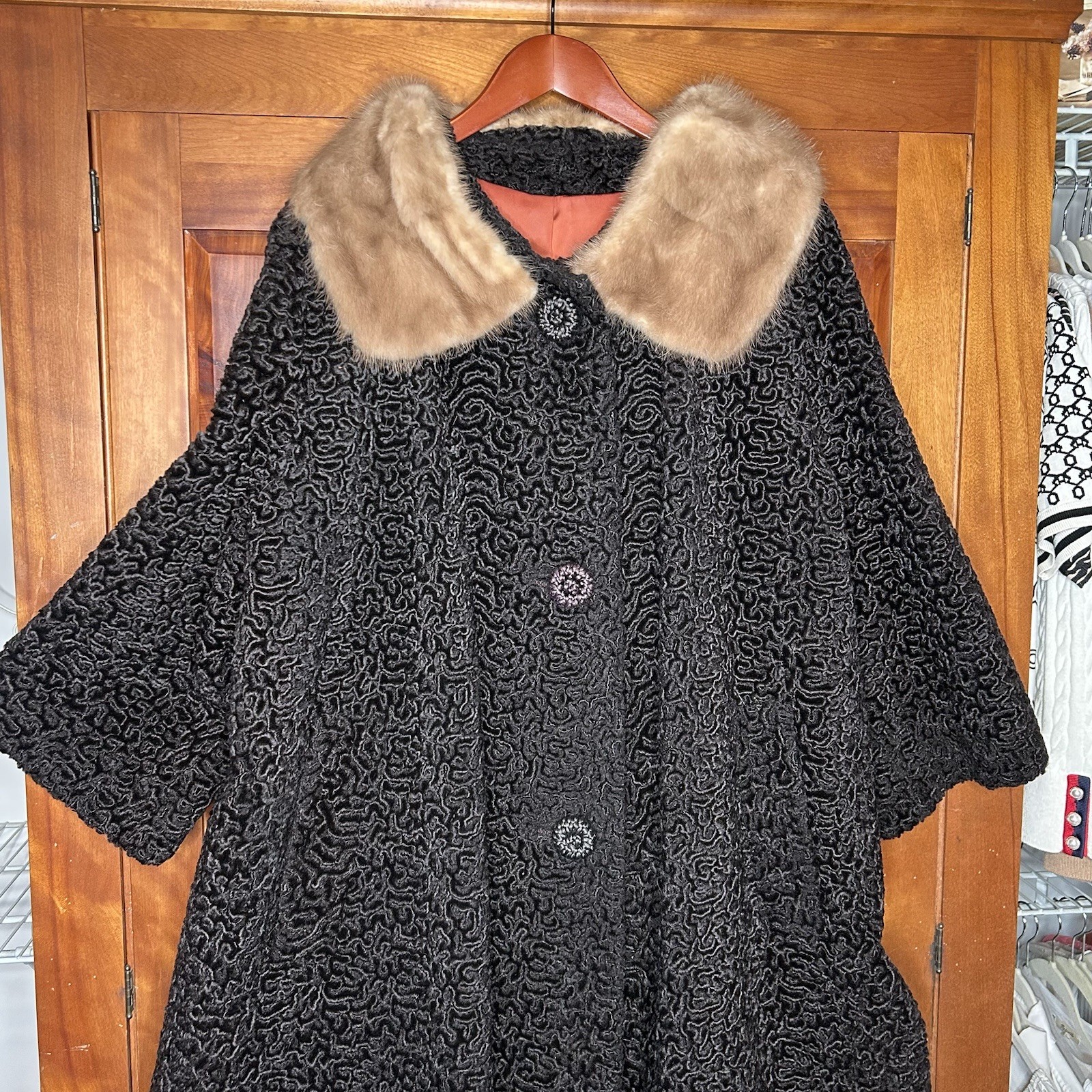 Vintage Astrakin Lepshire Longline Curly Persian Lamb Wool Coat with Mink Fur XL