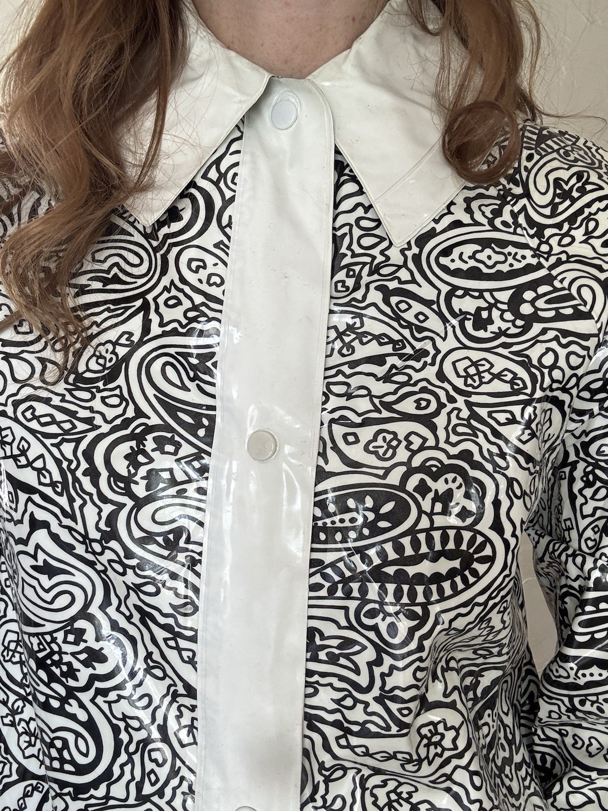 Vtg 1960s Mod Black White Paisley Vinyl PVC Raincoat Coat Space Age Aqua Queen