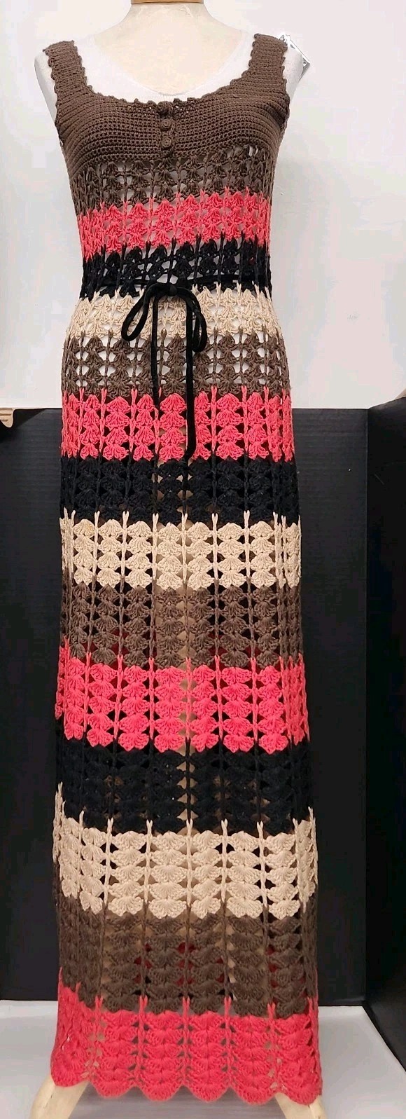 Vtg 1960-70’s Long Multi Color Knit Boho Hippie Dress Granny Core