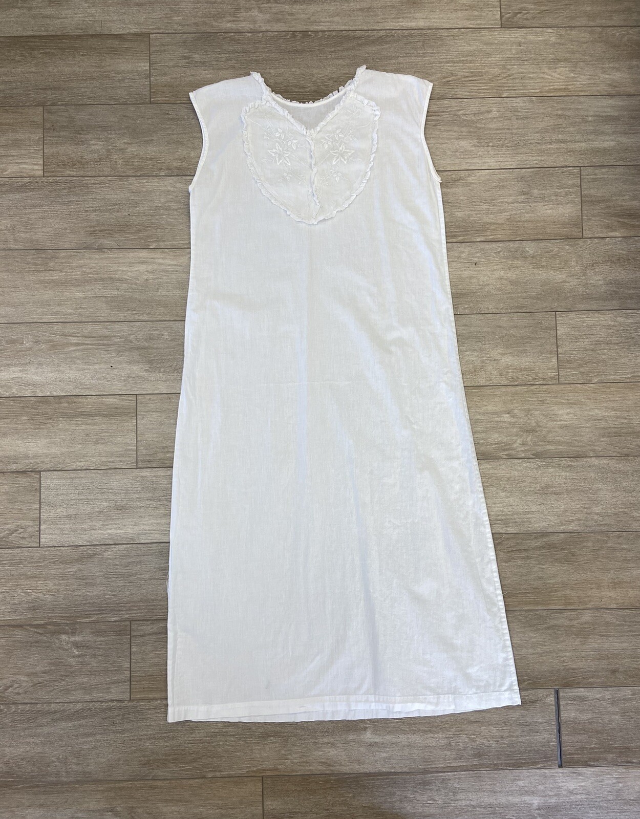 Antique Edwardian White Cotton Slip Dress or Night Gown Embroidery and Lace Trim