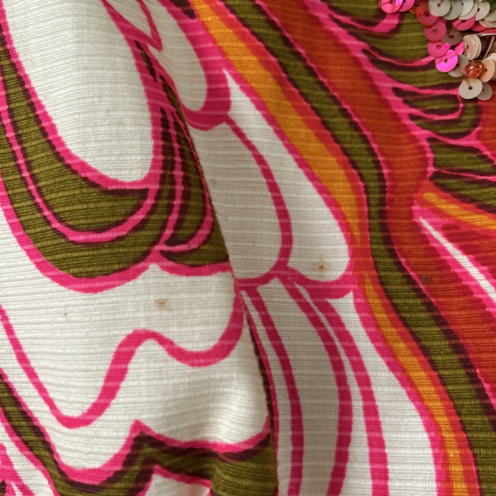 Vintage Cameo Psychedelic Maxi Dress 10 Orange White Pink Cotton Sequins Trim