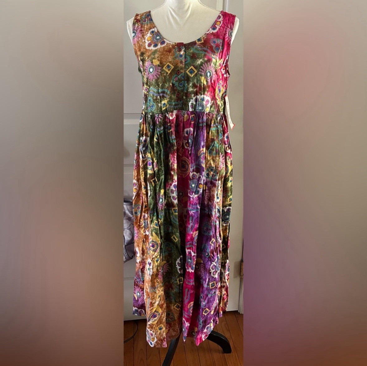 NWT SITA Vintage Tie Dye Sleeveless Dress Medium Oversized Button Front