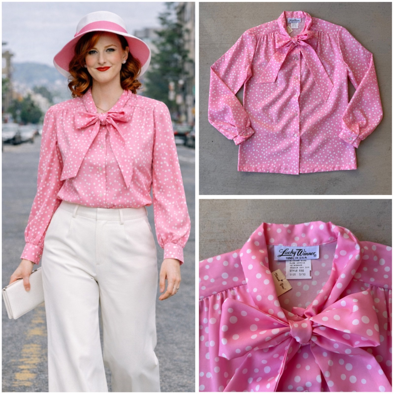 Vintage 70s Pink Polka Dot Pussy-Bow Blouse