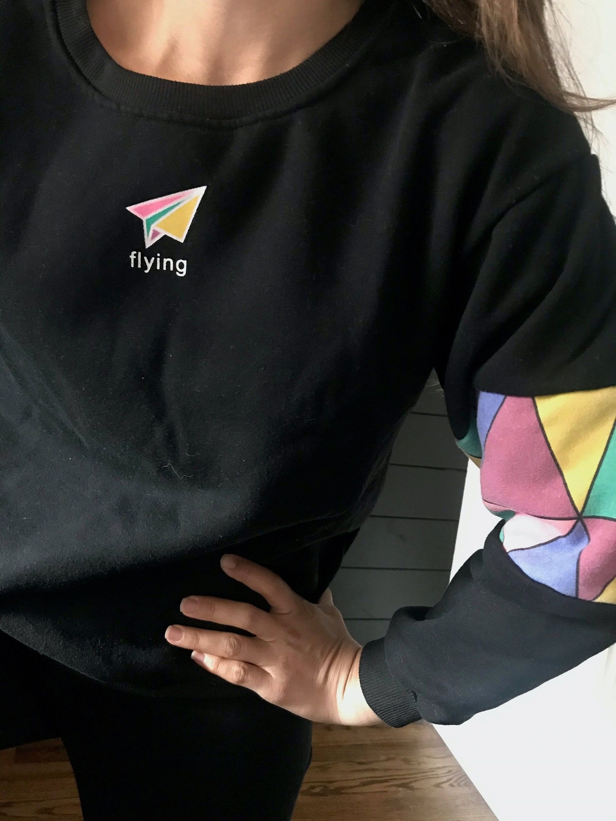 vtg 80s knit black sweatshirt pastel kite boho crewneck pullover small street