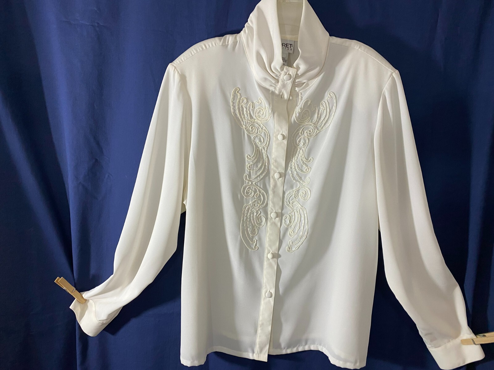 1980’s Beaded Blouse-Koret Petites -PM-White-High Collar-VICTORIAN LOOK- SALE