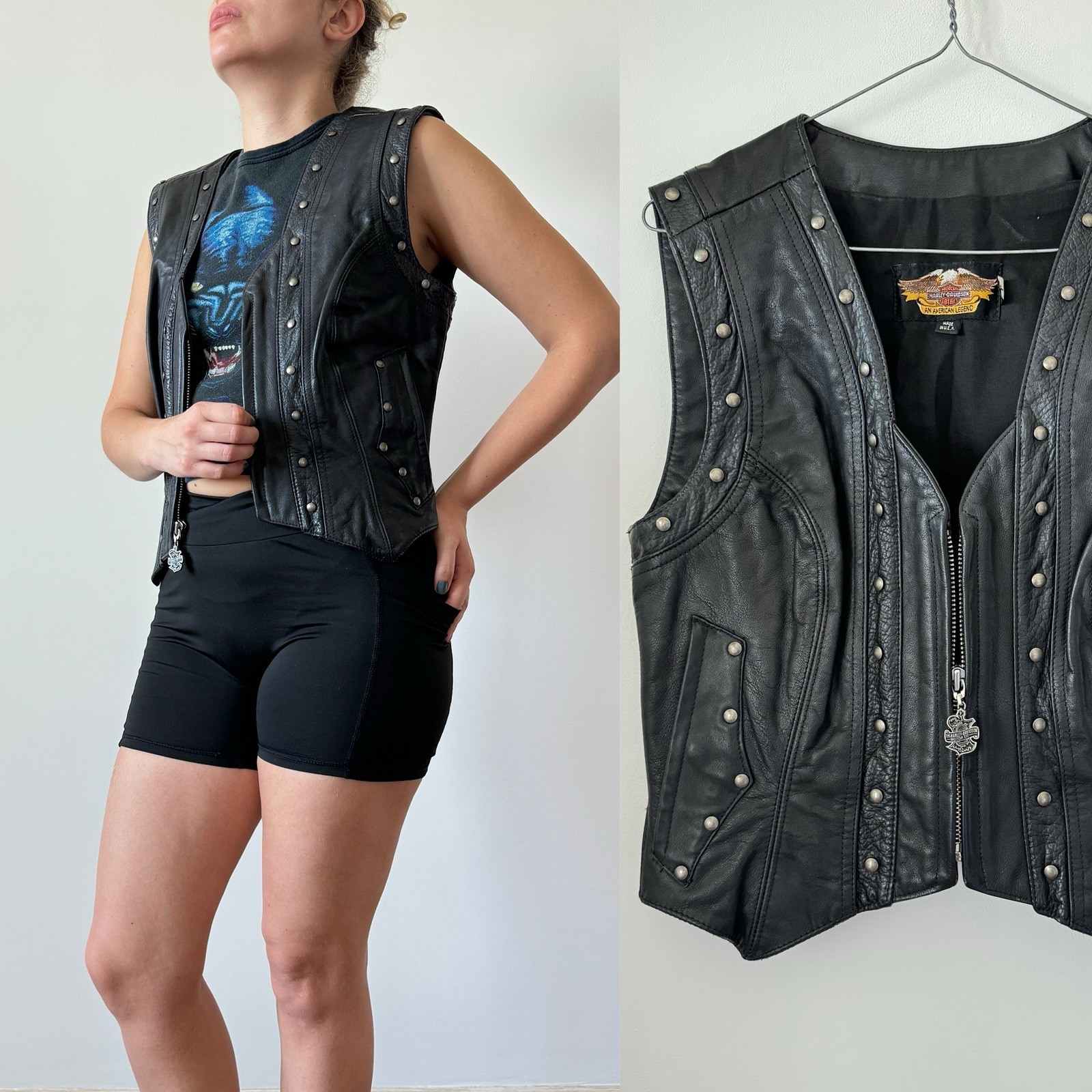 90s vintage Harley Davidson studded rivet concho fringe biker leather vest USA