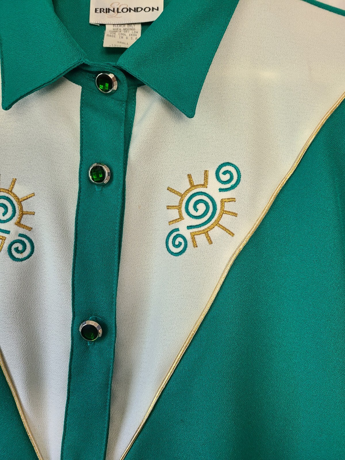 Vintage Erin London Green Long Sleeved Embroidered Blouse USA Womens Size Small