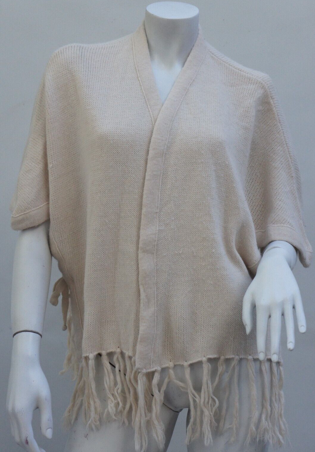 Vintage 70s Knit Creme White Fringe Poncho Jacket Sweater Cardigan By Milrank