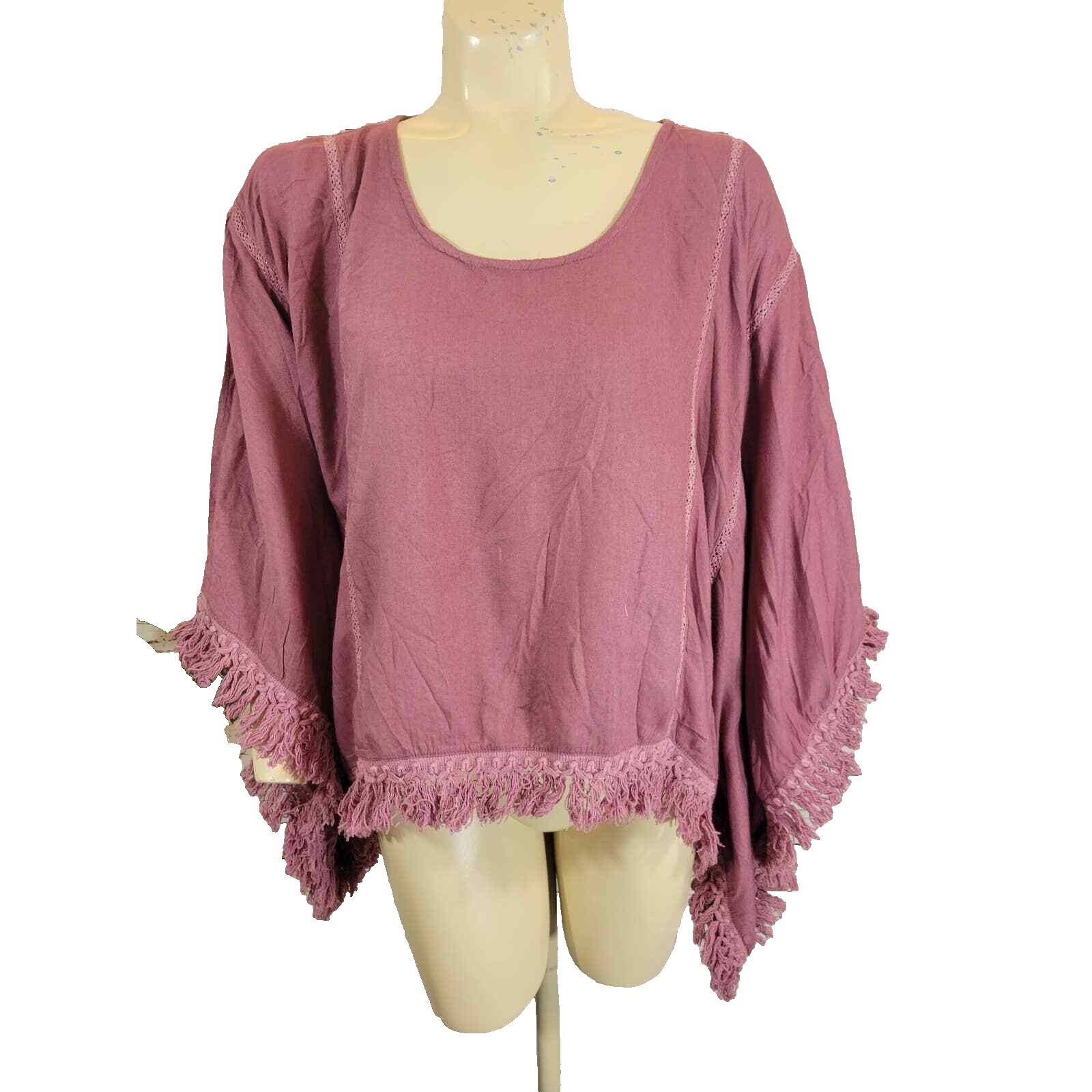 Earthbound Bohemian BOHO Hippie Chick Fringe Blouse One Size Mauve Pink OS
