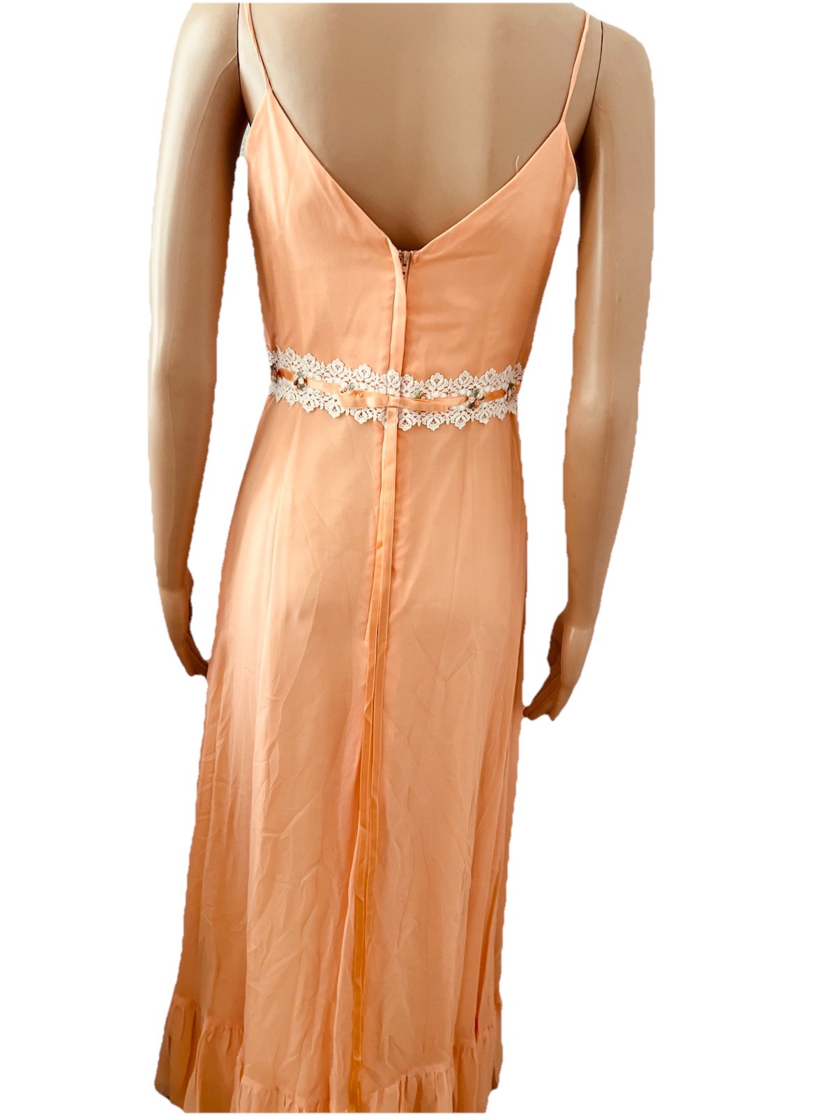 VTG 60s Peach Chiffon Maxi Dress Capelet Floral Lace Ribbon Trim Hemline Damage