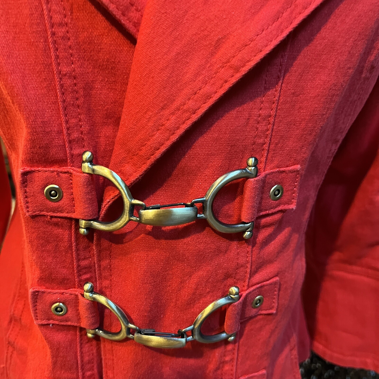 DIANE GILMAN DG2 Red / Brass Hardware Accent Stretch Denim Blazer Jacket XS S M