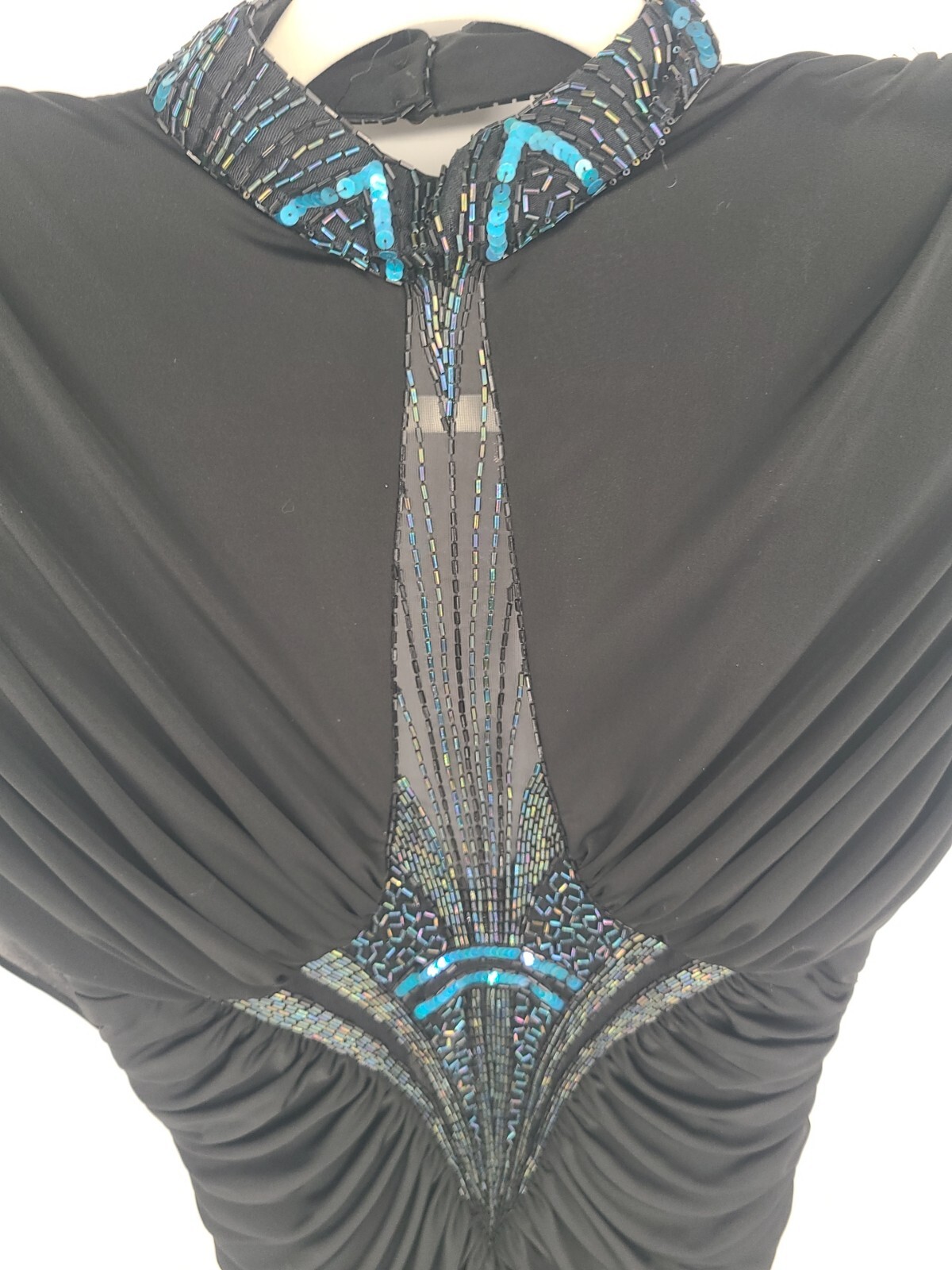 Vintage Eletra Casadei Black Curtain Draped Evening Gown Beaded, Sheer Bodice 10