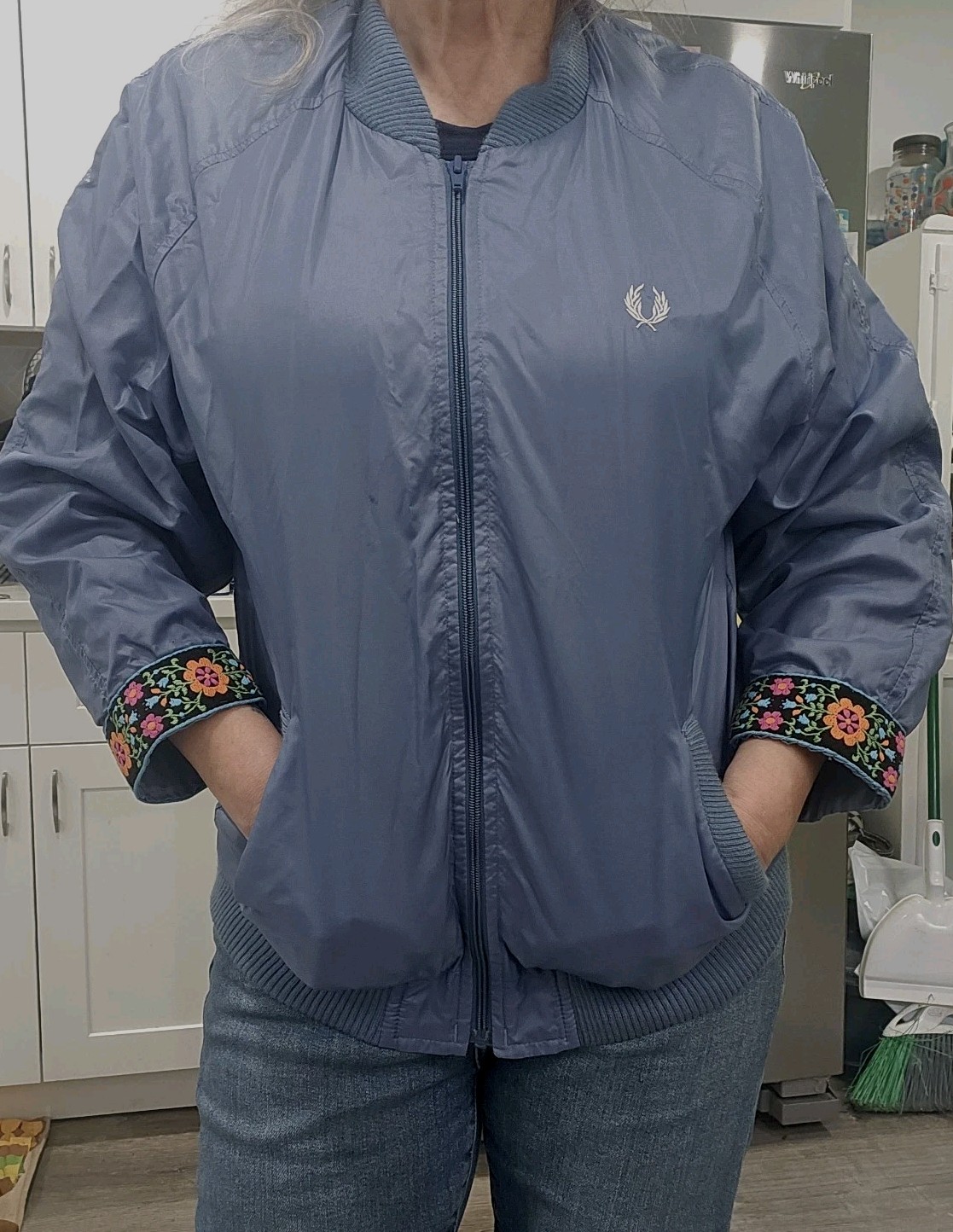 Fred Perry Bomber Jacket Baby Blue Upcycled Embroidered Sleeves M
