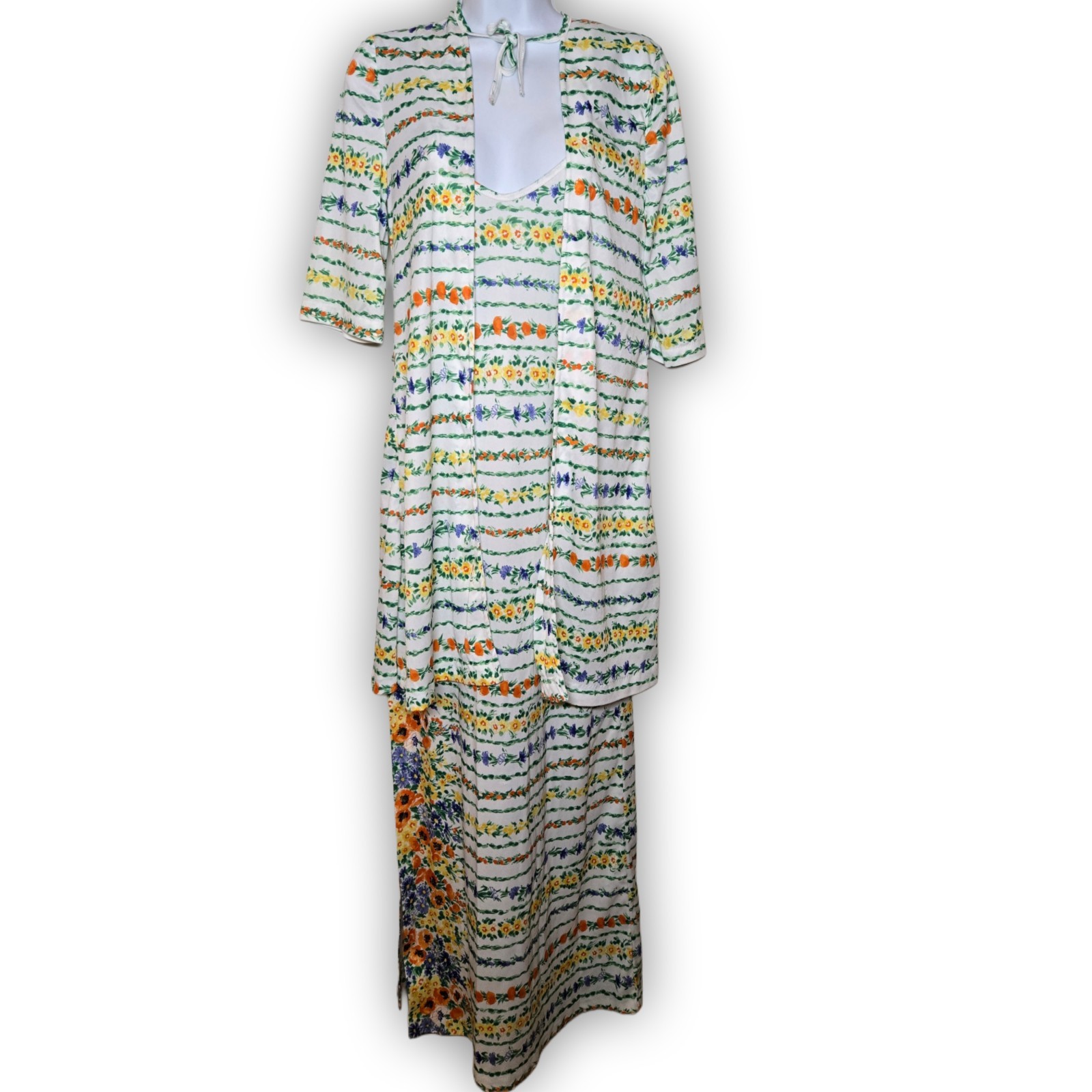 Vintage Maxi Night Gown House Coat Robe Wild Flower Spring 70s-80s Womens M
