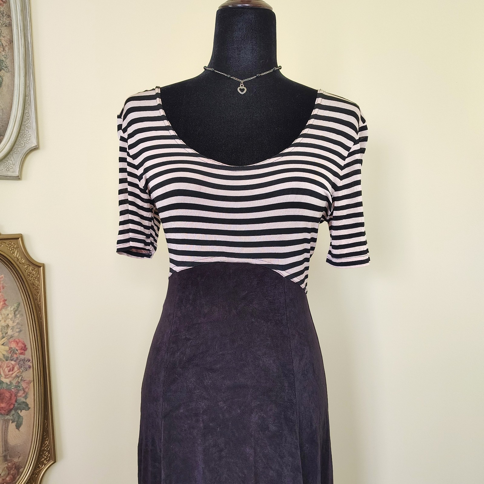Vintage 90s Cream & Black Striped POSSESSED Slinky Grunge Skater Mini Dress