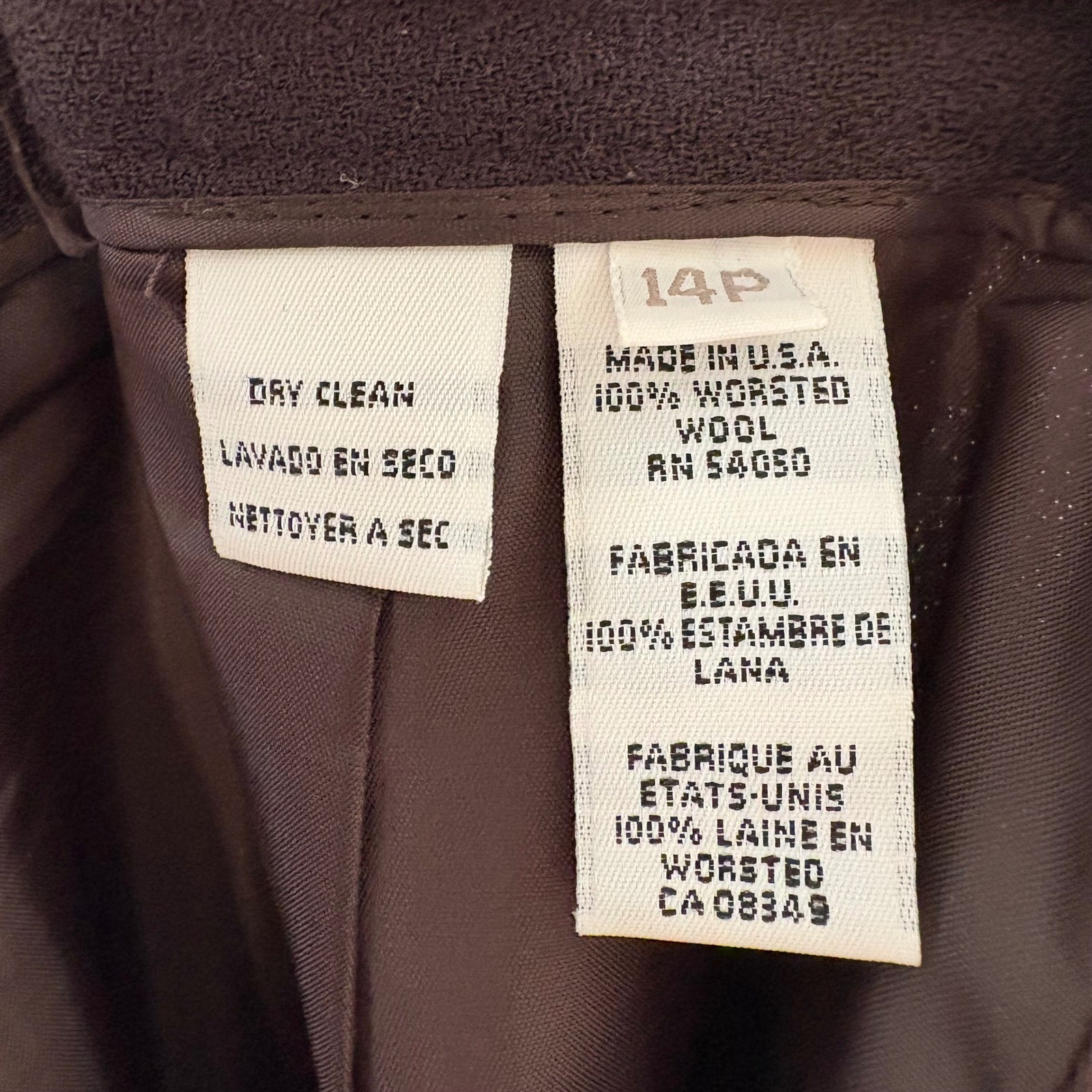 Vtg Christian Dior Skirt Suit 14P Brown Wool Velvet Trim Zip Jacket Luxury