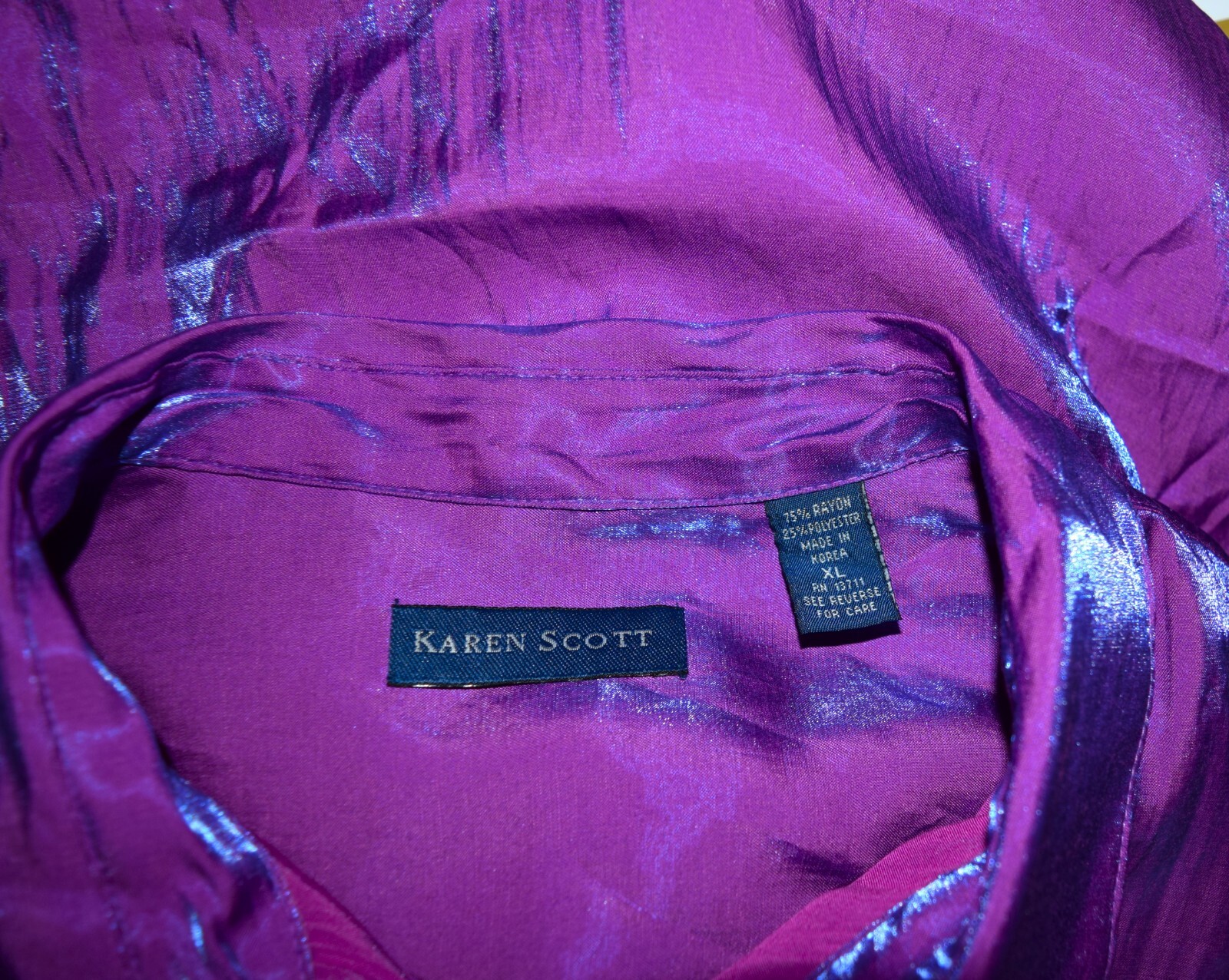 Vtg. KAREN SCOTT Shirt Blouse Top Pewter Shimmer Purple Pink Metallic Size XL