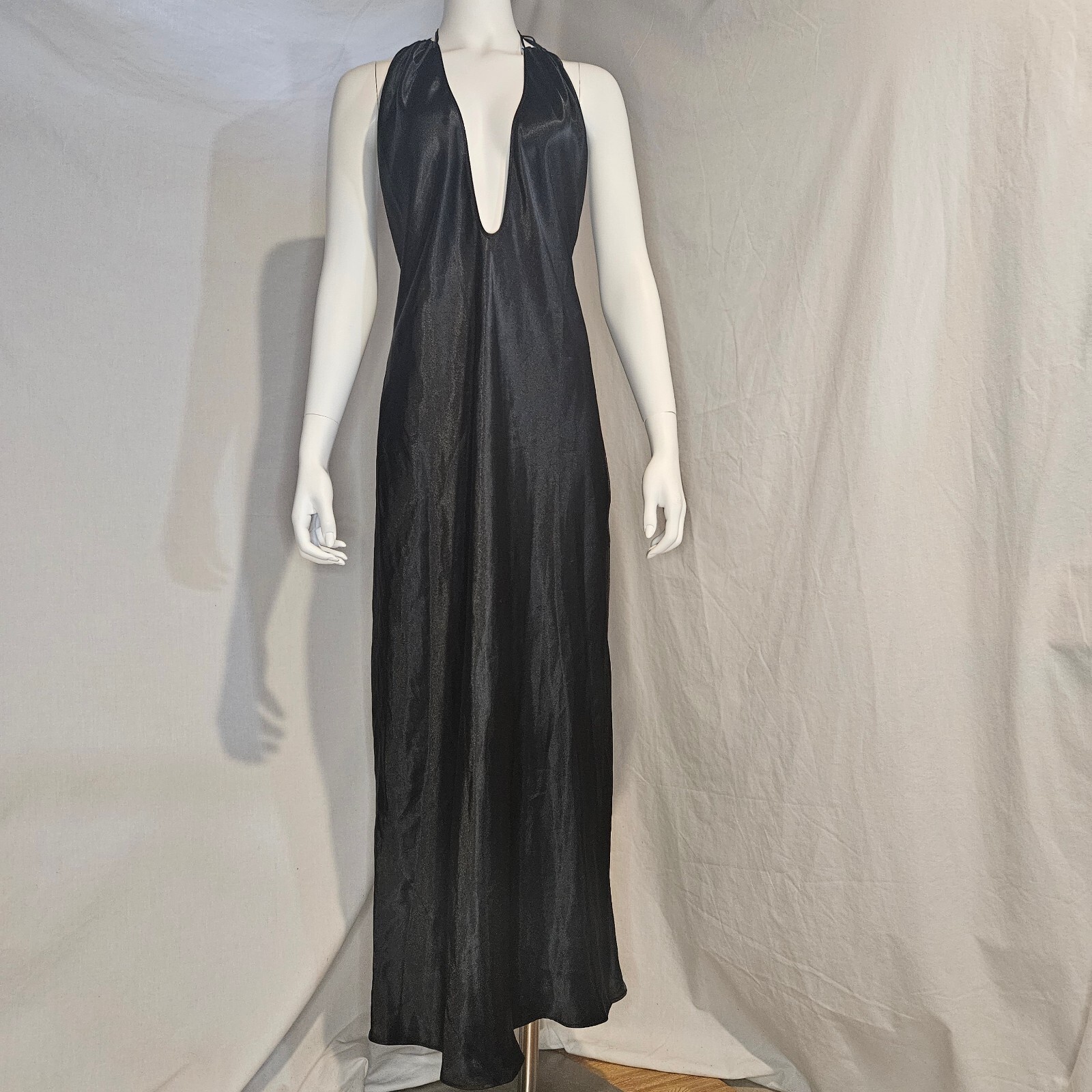 Victoria’s Secret Large Satin Long Maxi Halter Dress Gown Black Backless Plunge
